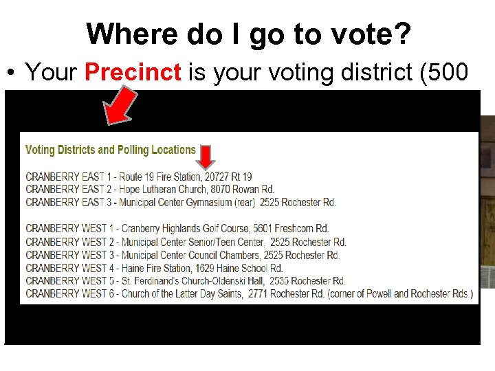 Where do I go to vote? • Your Precinct is your voting district (500