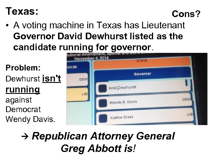 Texas: Cons? • A voting machine in Texas has Lieutenant Governor David Dewhurst listed