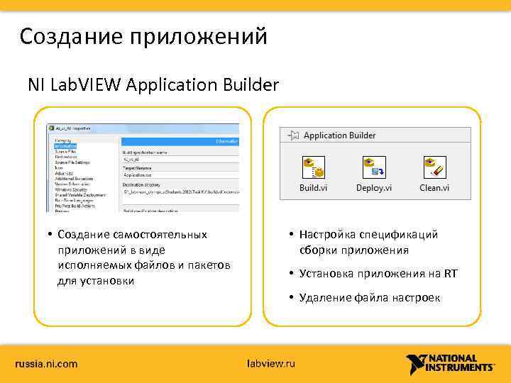 Создание приложений NI Lab. VIEW Application Builder • Создание самостоятельных приложений в виде исполняемых