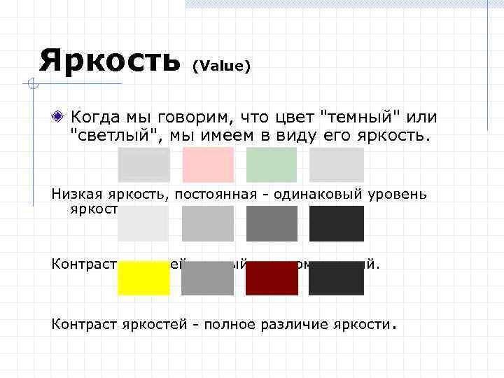 Яркость (Value) Когда мы говорим, что цвет "темный" или "светлый", мы имеем в виду