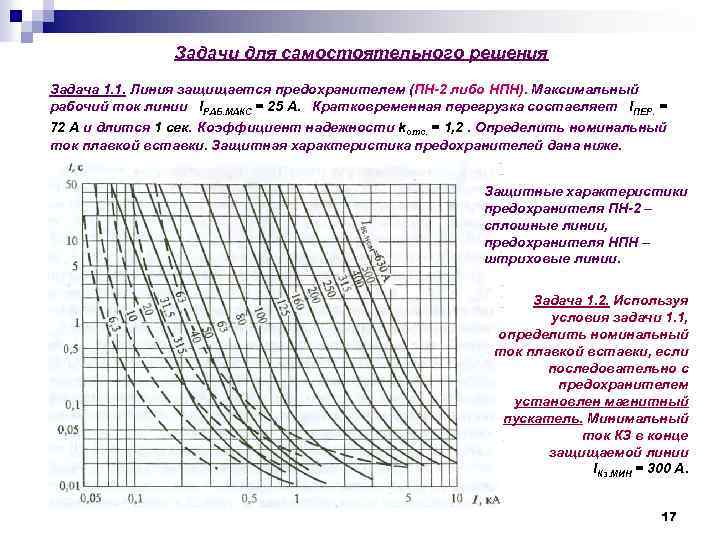 Задачи для самостоятельного решения Задача 1. 1. Линия защищается предохранителем (ПН-2 либо НПН). Максимальный