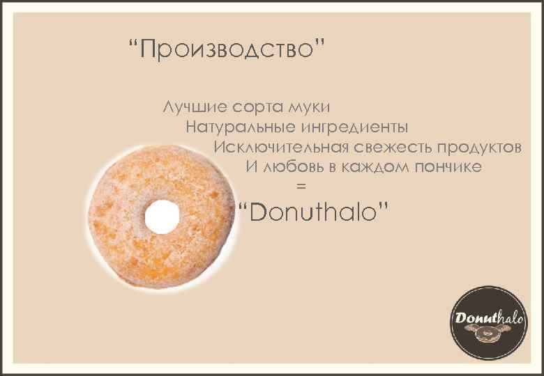 “Производство” Лучшие сорта муки Натуральные ингредиенты Исключительная свежесть продуктов И любовь в каждом пончике
