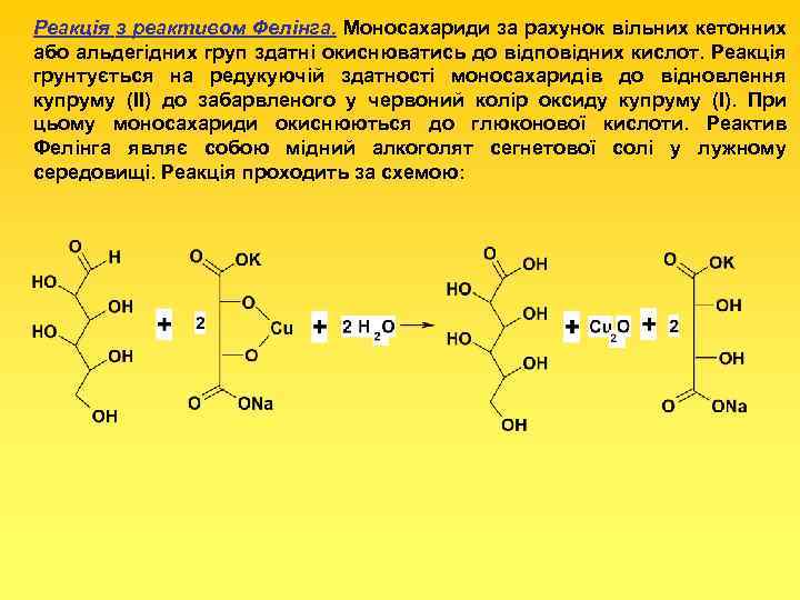 Реакція з реактивом Фелінга. Моносахариди за рахунок вільних кетонних або альдегідних груп здатні окиснюватись