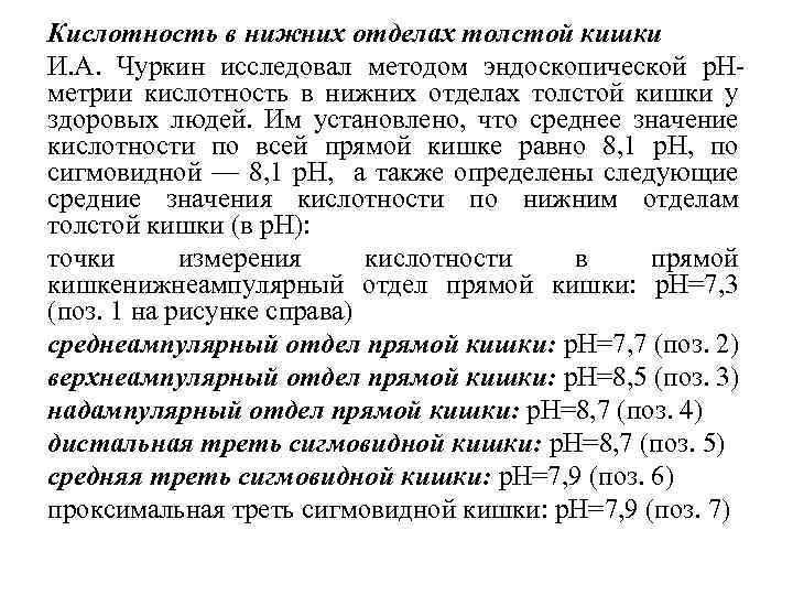 Кислотность в нижних отделах толстой кишки И. А. Чуркин исследовал методом эндоскопической р. Н