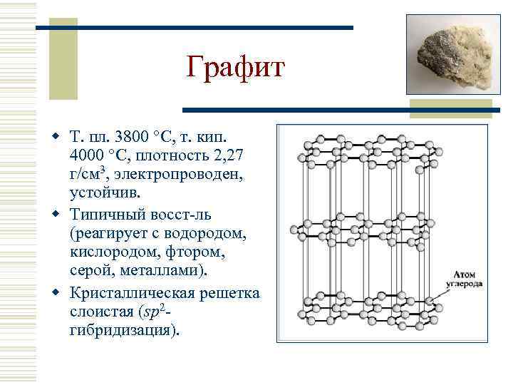 Графит w Т. пл. 3800 С, т. кип. 4000 С, плотность 2, 27 г/см