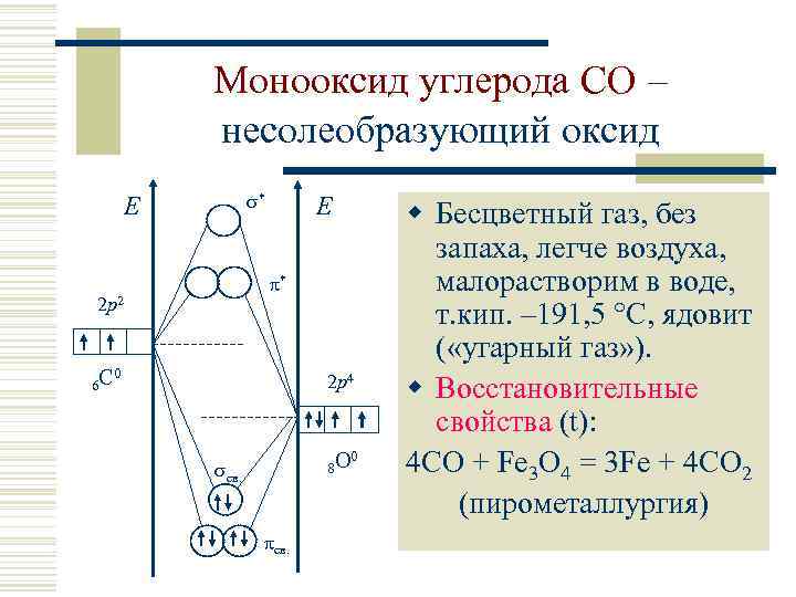 Монооксид углерода CO – несолеобразующий оксид * E * 2 p 2 6 С