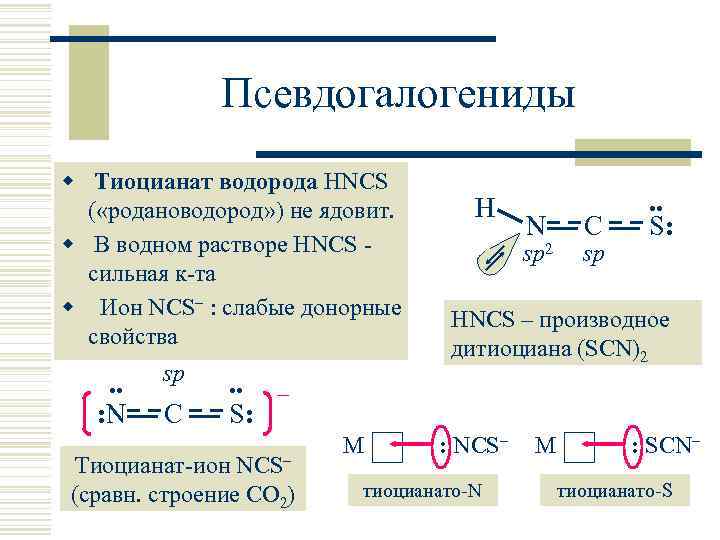 Псевдогалогениды w Тиоцианат водорода HNCS ( «родановодород» ) не ядовит. w В водном растворе