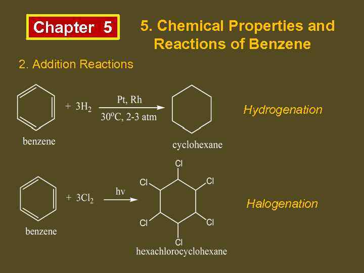 Chapter 5 5. Chemical Properties and Reactions of Benzene 2. Addition Reactions Hydrogenation Halogenation