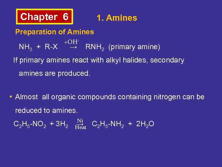 Chapter 6 1. Amines Preparation of Amines NH 3 + R-X +OH- → RNH