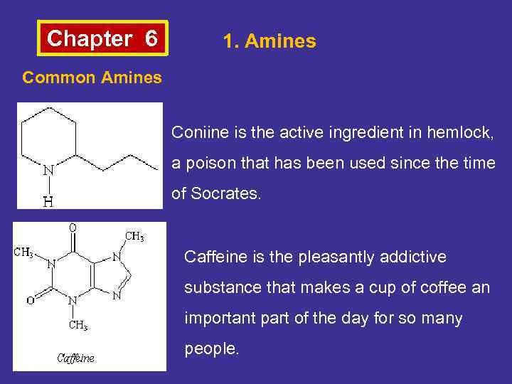 Chapter 6 1. Amines Common Amines Coniine is the active ingredient in hemlock, a