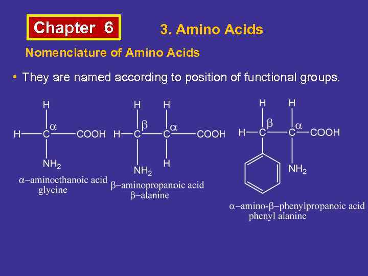 Chapter 6 3. Amino Acids Nomenclature of Amino Acids • They are named according