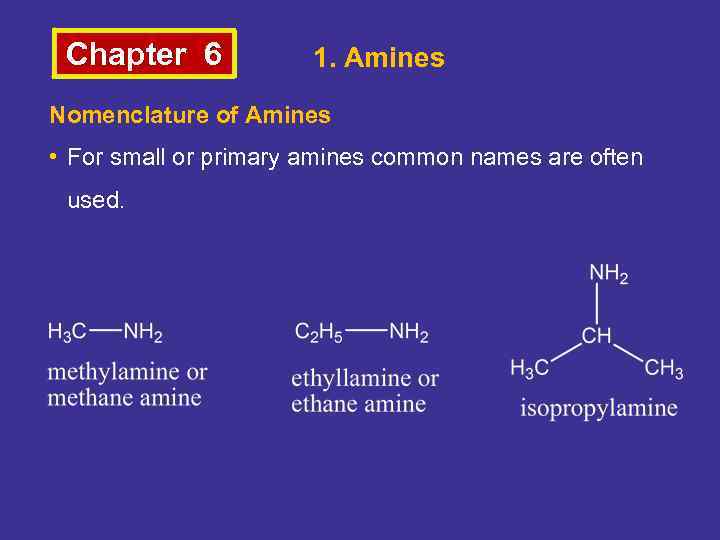 Chapter 6 1. Amines Nomenclature of Amines • For small or primary amines common
