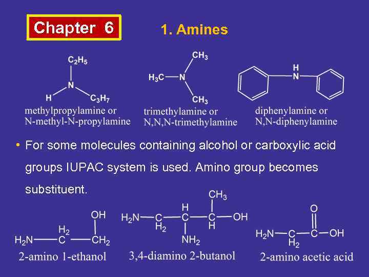 Chapter 6 1. Amines • For some molecules containing alcohol or carboxylic acid groups