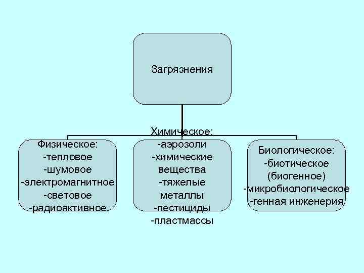 Загрязнения Физическое: -тепловое -шумовое -электромагнитное -световое -радиоактивное Химическое: -аэрозоли -химические вещества -тяжелые металлы -пестициды