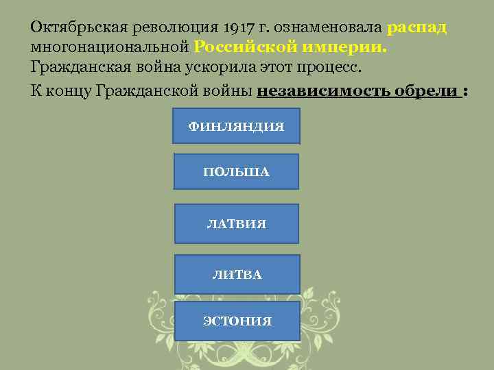 Октябрьская революция 1917 г. ознаменовала распад многонациональной Российской империи. Гражданская война ускорила этот процесс.