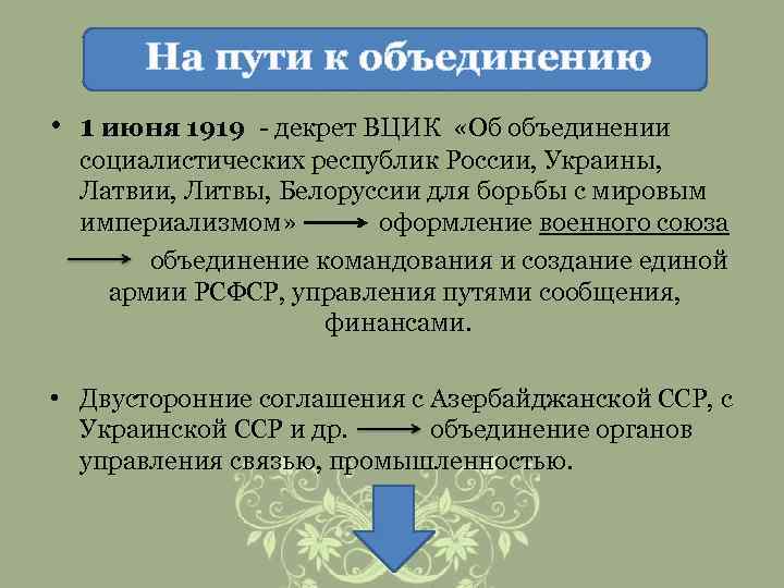 На пути к объединению • 1 июня 1919 декрет ВЦИК «Об объединении социалистических республик