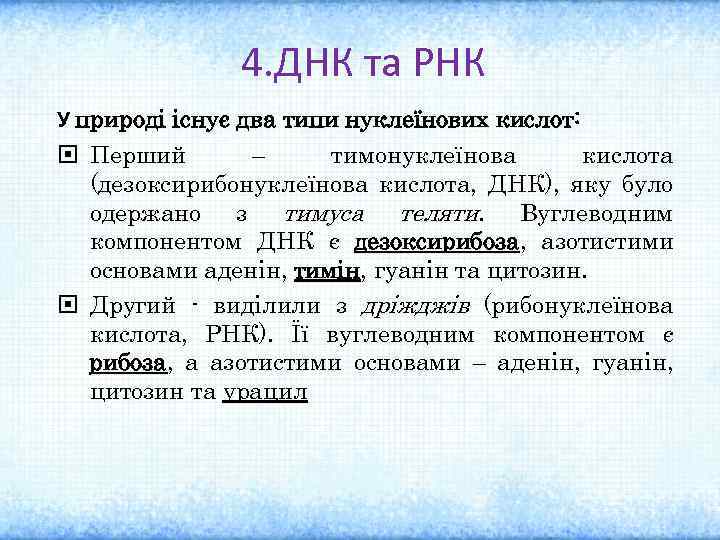 4. ДНК та РНК У природі існує два типи нуклеїнових кислот: Перший – тимонуклеїнова