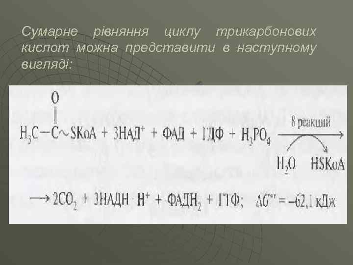 Сумарне рівняння циклу трикарбонових кислот можна представити в наступному вигляді: 
