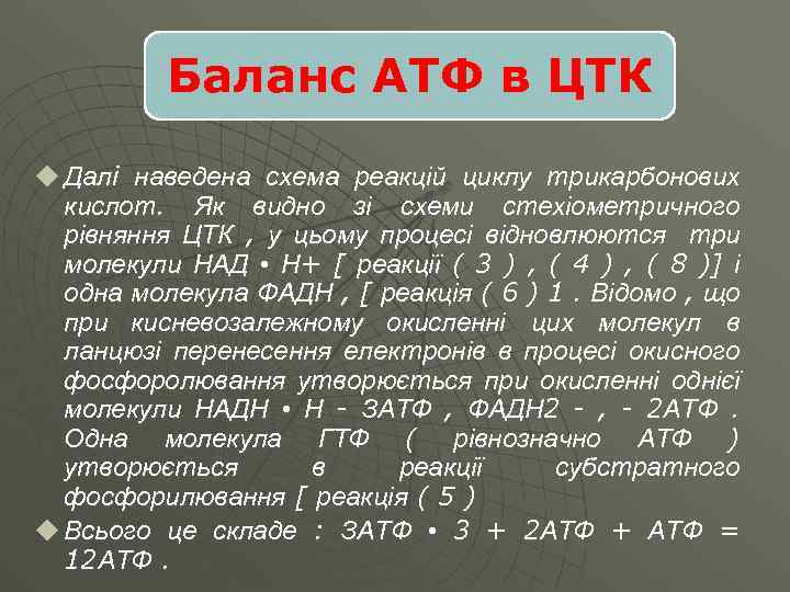 Баланс АТФ в ЦТК u Далi наведена схема реакцій циклу трикарбонових кислот. Як видно