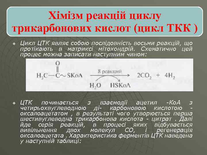 Хімізм реакцій циклу трикарбонових кислот (цикл ТКК ) u u Цикл ЦТК являє собою