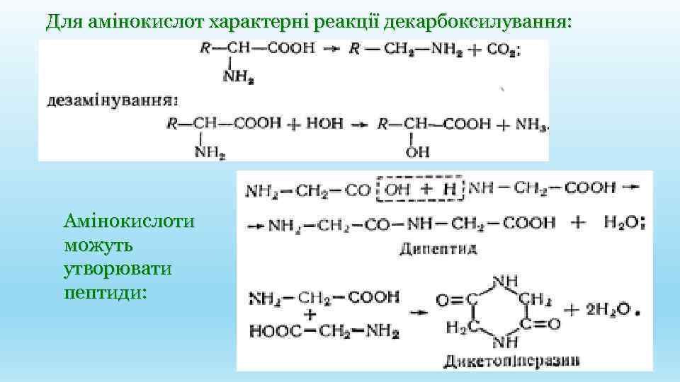 Для амінокислот характерні реакції декарбоксилування: Амінокислоти можуть утворювати пептиди: 