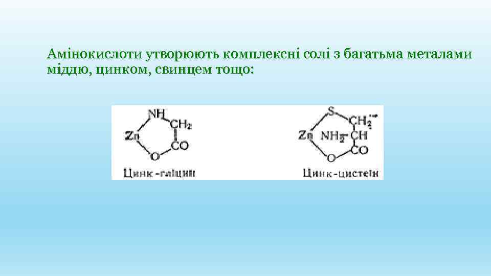 Амінокислоти утворюють комплексні солі з багатьма металами міддю, цинком, свинцем тощо: 