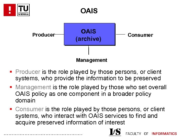 OAIS Producer OAIS (archive) Consumer Management § Producer is the role played by those