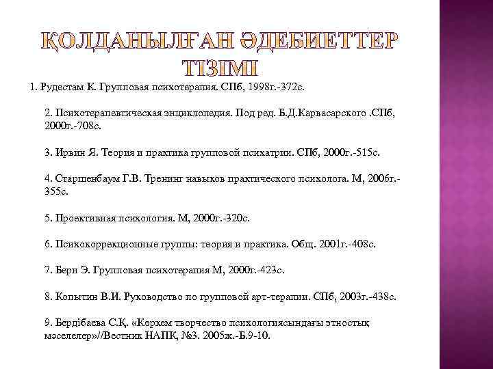 1. Рудестам К. Групповая психотерапия. СПб, 1998 г. -372 с. 2. Психотерапевтическая энциклопедия. Под