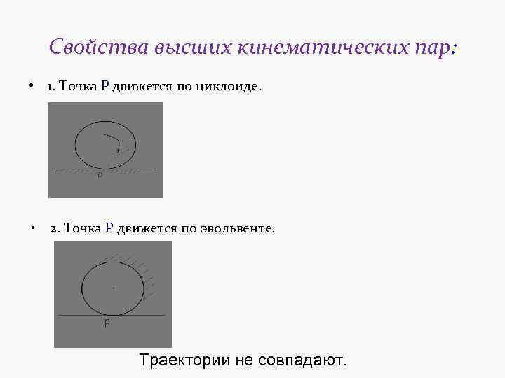 Свойства высших кинематических пар: • 1. Точка P движется по циклоиде. • 2. Точка