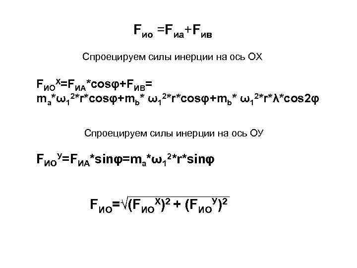 Fиo =Fиа+Fив Спроецируем силы инерции на ось ОХ FИОX=FИА*cosφ+FИВ= ma*ω12*r*cosφ+mb* ω12*r*λ*cos 2φ Спроецируем силы