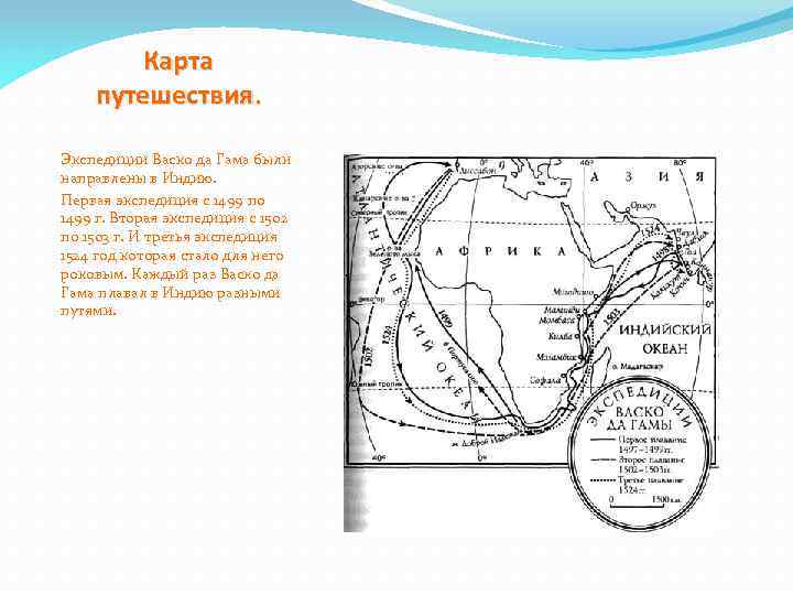 Карта путешествия. Экспедиции Васко да Гама были направлены в Индию. Первая экспедиция с 1499