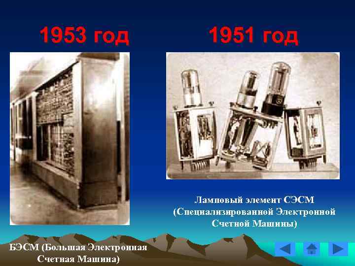 1953 год 1951 год Ламповый элемент СЭСМ (Специализированной Электронной Счетной Машины) БЭСМ (Большая Электронная