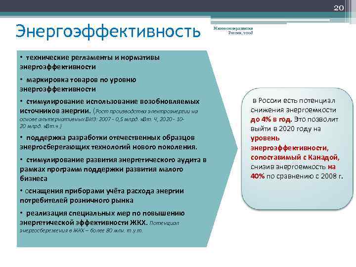 20 Энергоэффективность Минэкономразвития России, 2008 • технические регламенты и нормативы энергоэффективности • маркировка товаров