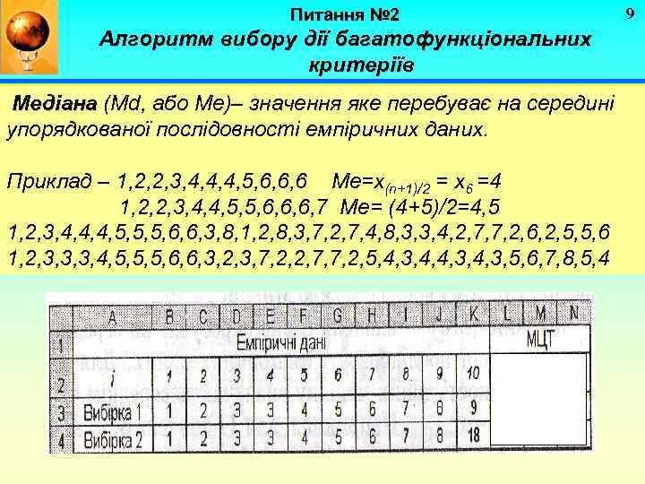 Питання № 2 Алгоритм вибору дії багатофункціональних критеріїв Медіана (Мd, або Ме)– значення яке