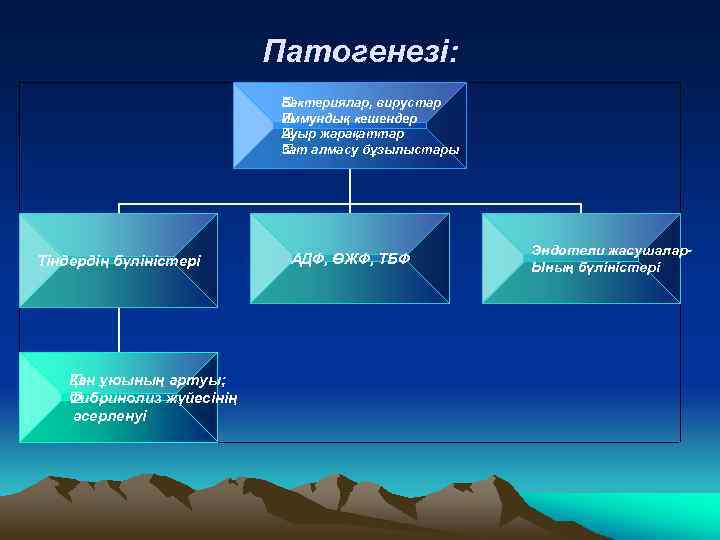 Патогенезі: Бактериялар, вирустар Иммундық кешендер Ауыр жарақаттар Зат алмасу бұзылыстары Тіндердің бүліністері Қан ұюының