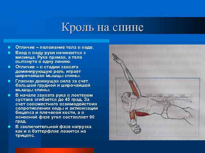 Кроль на спине l l l Отличие – положение тела в воде. Вход в