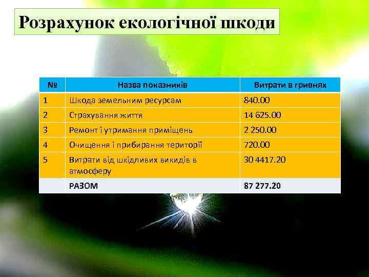 Розрахунок екологічної шкоди № Назва показників Витрати в гривнях 1 Шкода земельним ресурсам 840.