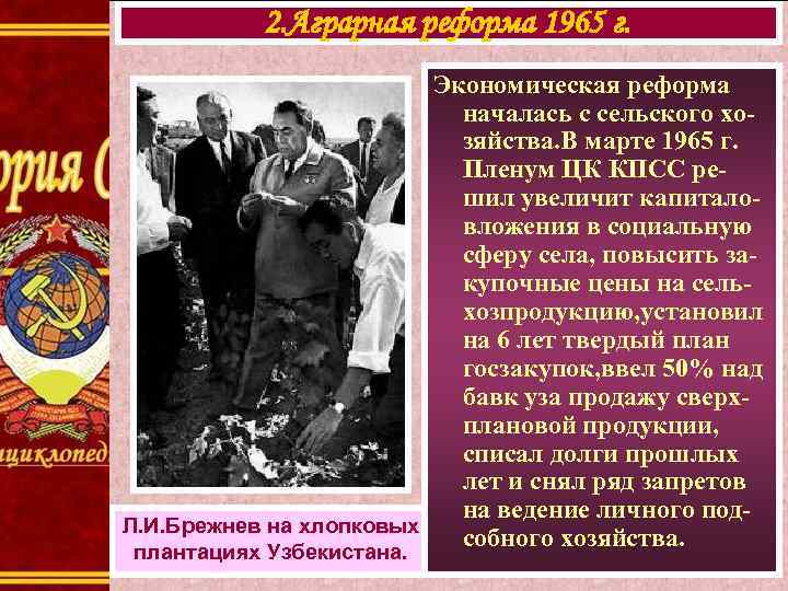 2. Аграрная реформа 1965 г. Экономическая реформа началась с сельского хозяйства. В марте 1965