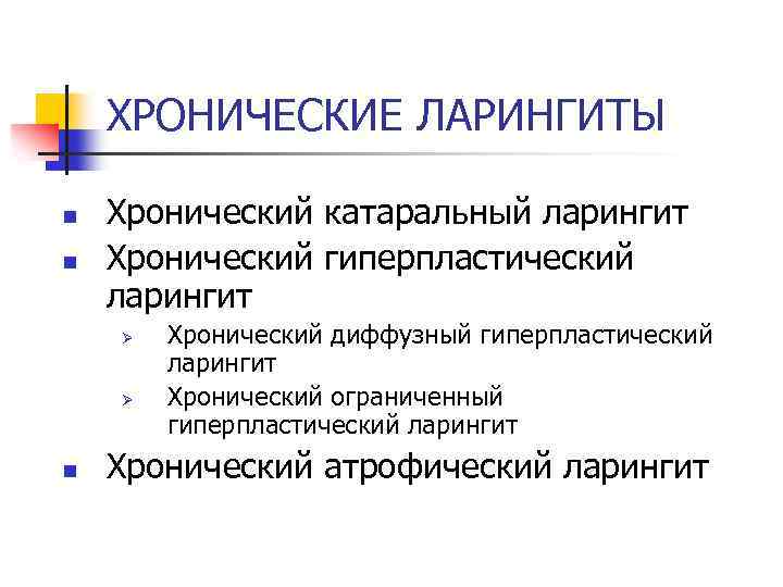 ХРОНИЧЕСКИЕ ЛАРИНГИТЫ n n Хронический катаральный ларингит Хронический гиперпластический ларингит Ø Ø n Хронический