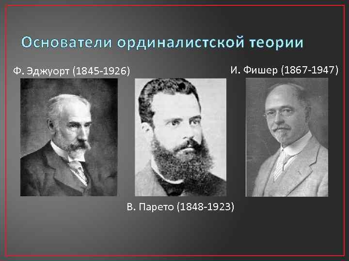 Основатели ординалистской теории Ф. Эджуорт (1845 -1926) И. Фишер (1867 -1947) В. Парето (1848