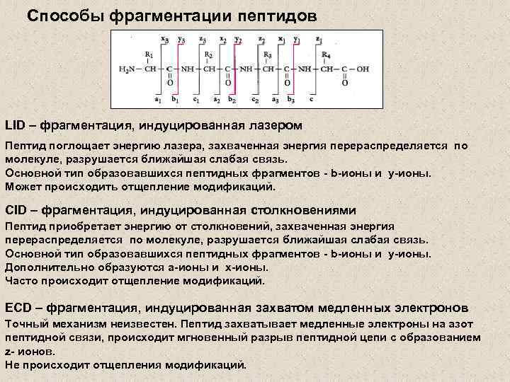 Способы фрагментации пептидов LID – фрагментация, индуцированная лазером Пептид поглощает энергию лазера, захваченная энергия