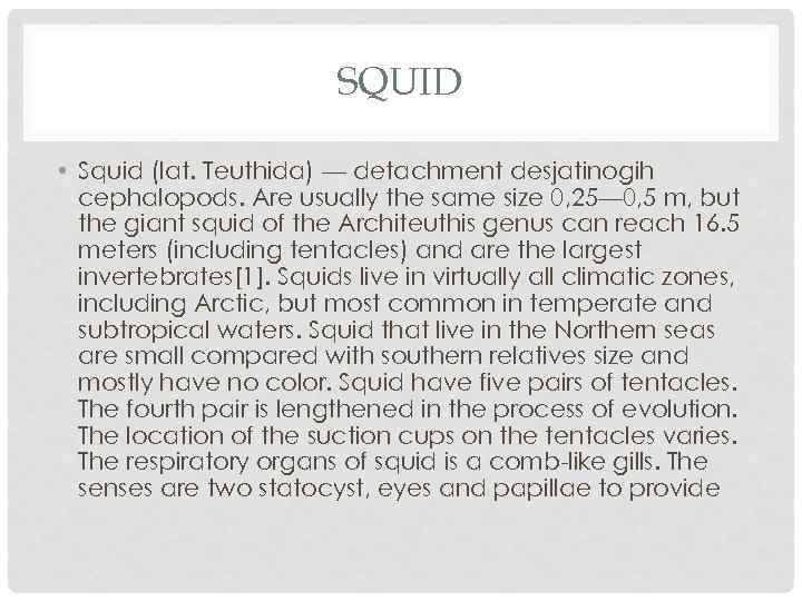 SQUID • Squid (lat. Teuthida) — detachment desjatinogih cephalopods. Are usually the same size