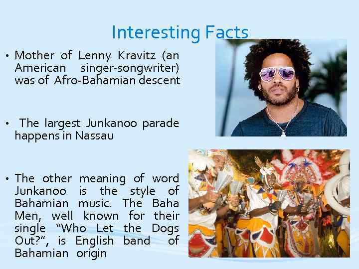 Interesting Facts • Mother of Lenny Kravitz (an American singer-songwriter) was of Afro-Bahamian descent