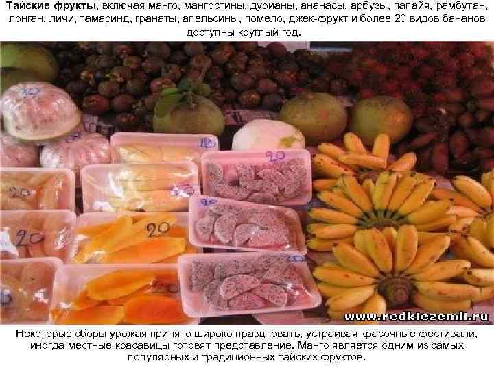 Тайские фрукты, включая манго, мангостины, дурианы, ананасы, арбузы, папайя, рамбутан, лонган, личи, тамаринд, гранаты,