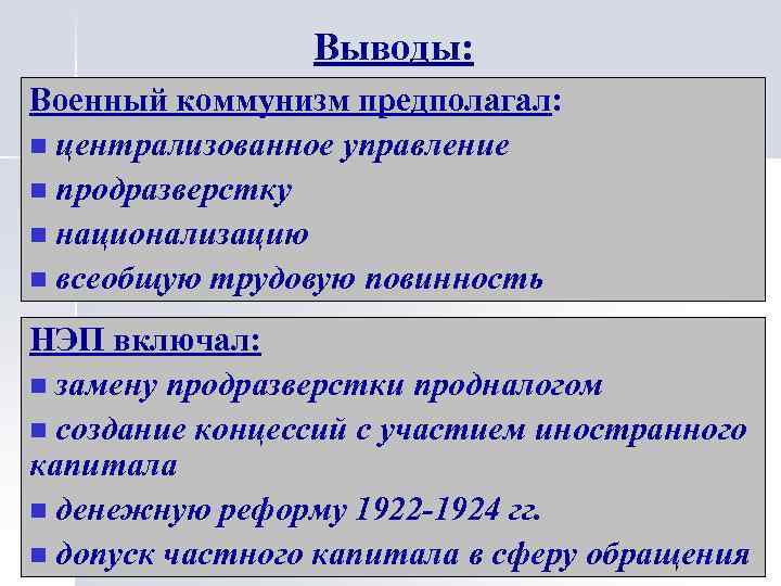 Выводы: Военный коммунизм предполагал: n централизованное управление n продразверстку n национализацию n всеобщую трудовую