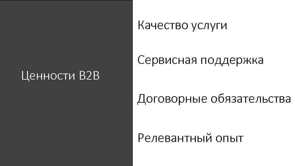 Качество услуги Ценности B 2 B Сервисная поддержка Договорные обязательства Релевантный опыт 