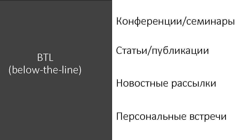 Конференции/семинары BTL (below-the-line) Статьи/публикации Новостные рассылки Персональные встречи 