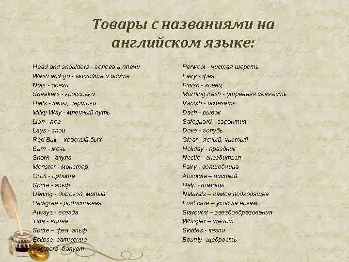 Товары с названиями на английском языке: Head and shoulders - голова и плечи Wash