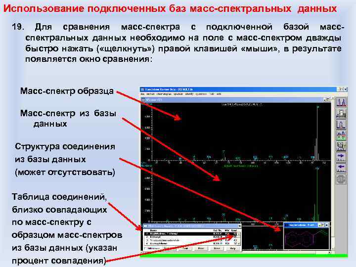 Использование подключенных баз масс-спектральных данных 19. Для сравнения масс-спектра с подключенной базой массспектральных данных