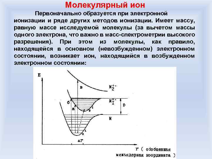 Молекулярный ион Первоначально образуется при электронной ионизации и ряде других методов ионизации. Имеет массу,